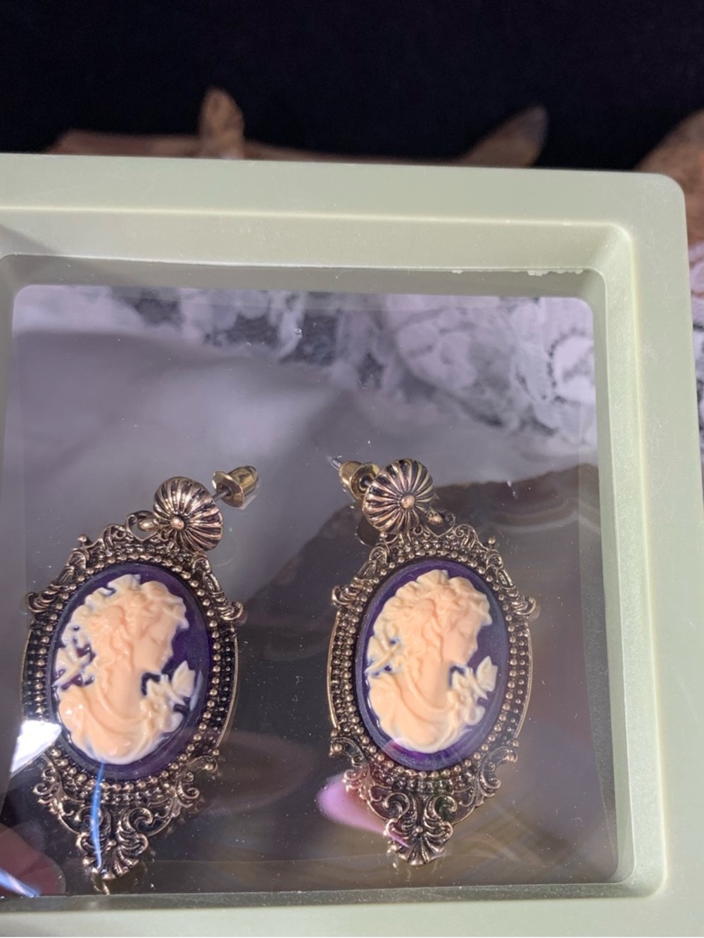 Cameo Drop Earrings in Purple and Cream  - Elegant Vintage Style Design